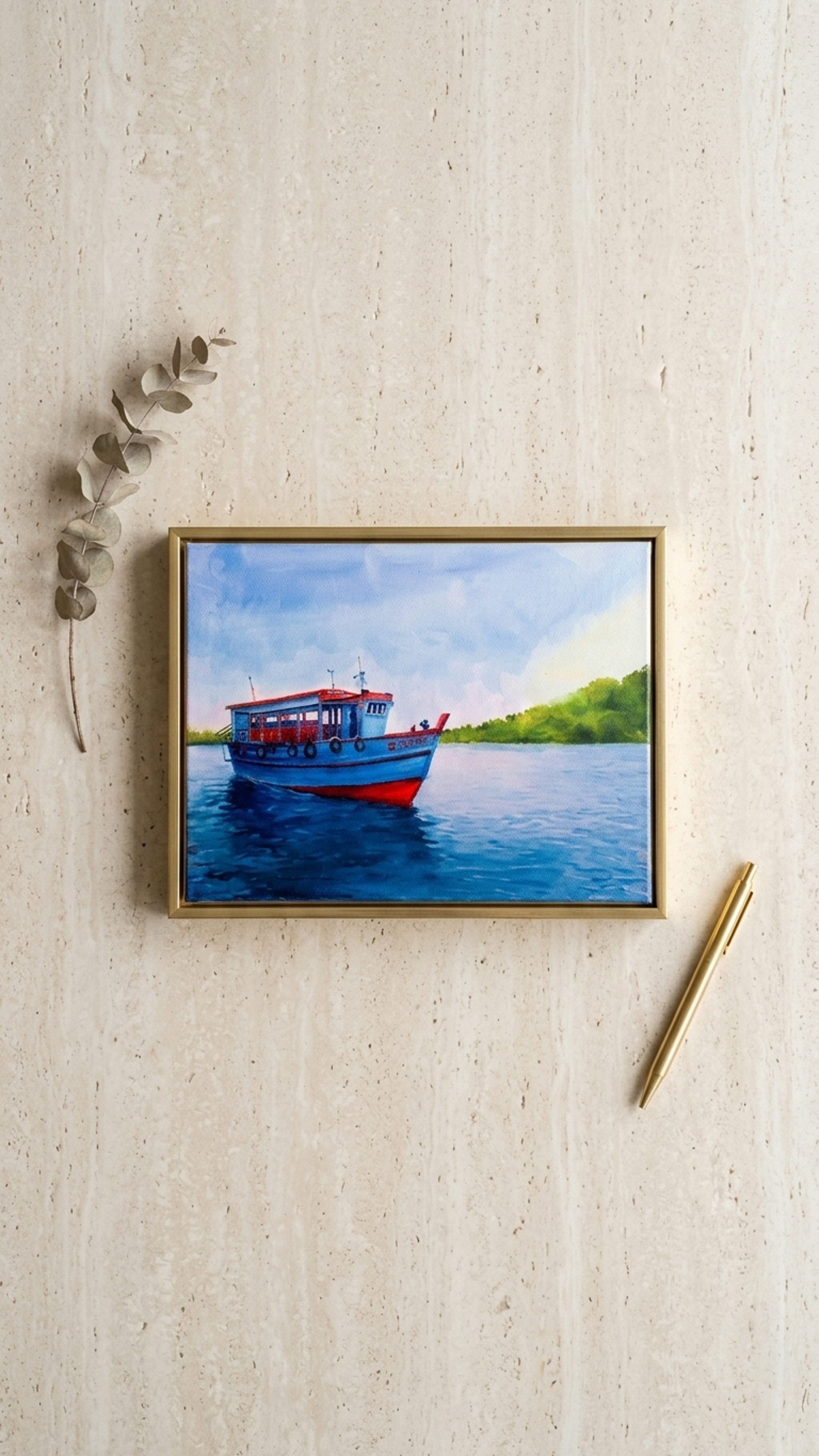 Framed colorful artwork displayed on a stone wall