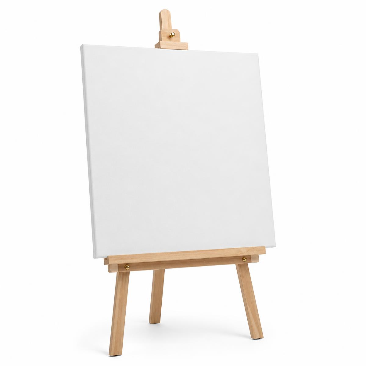 A blank artist canvas resting on a wooden easel against a white studio background