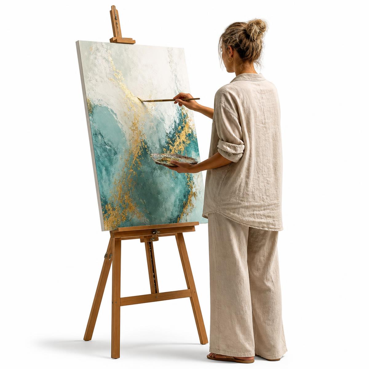 An artist painting an abstract teal and gold canvas on an easel in a white studio