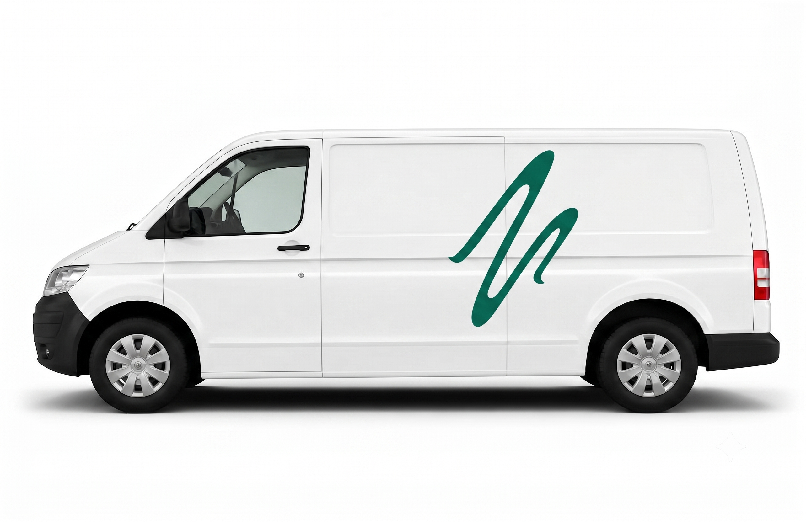 A plain white delivery van photographed in profile on a white studio background