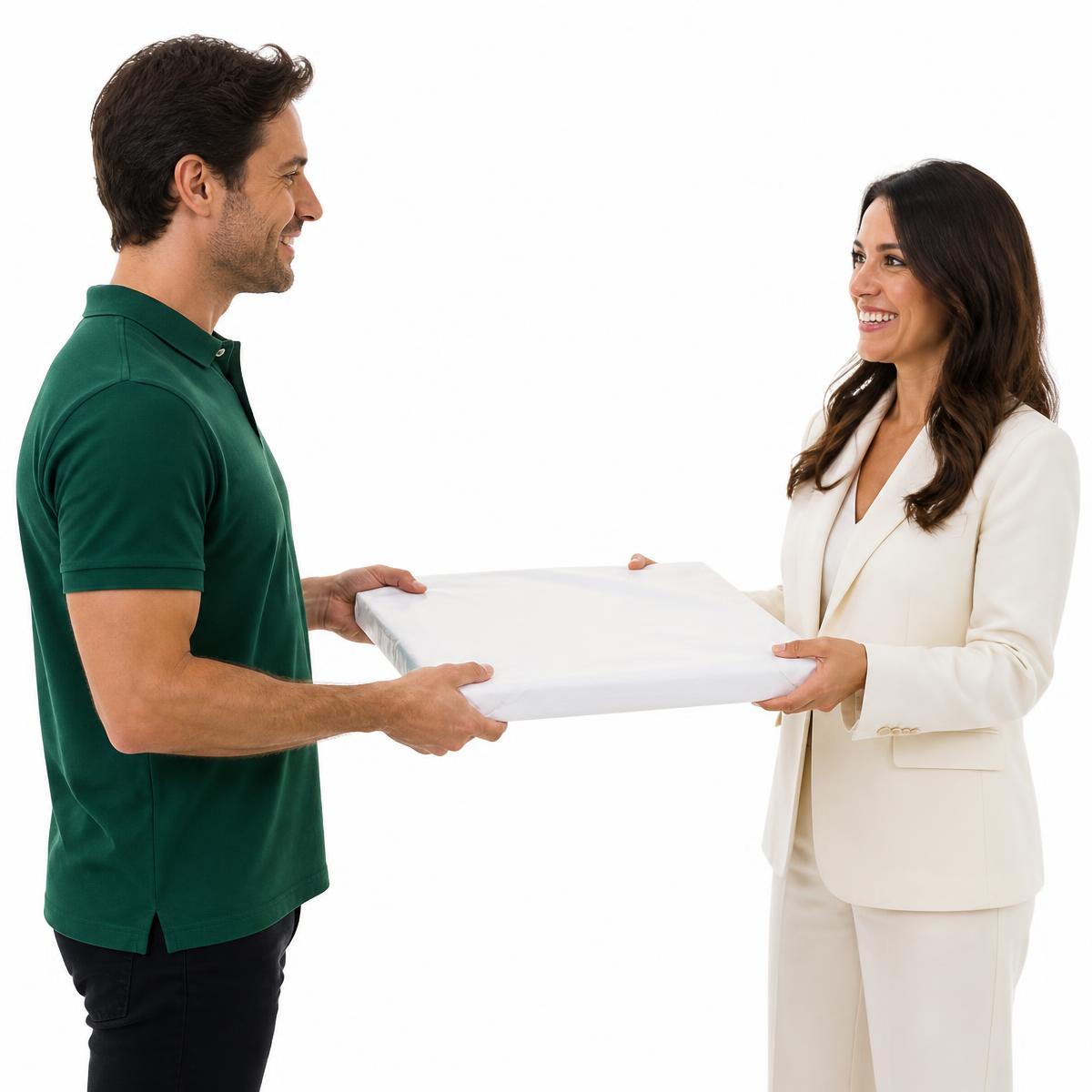 A TheMeral representative handing a wrapped artwork to a smiling interior designer